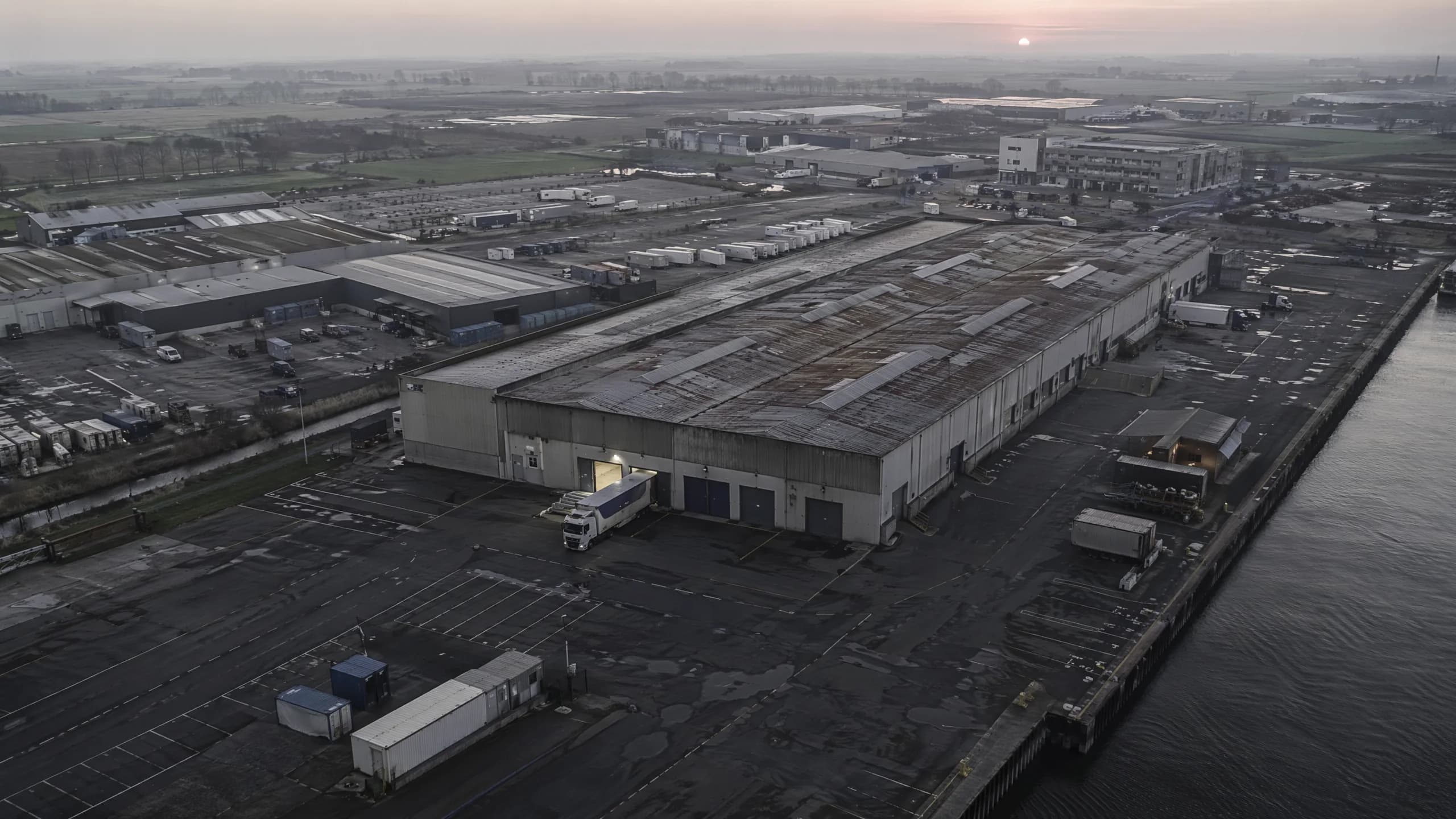 Haventerrein bij dageraad, van bovenaf: hallen, trailers en één verlichte laaddeur